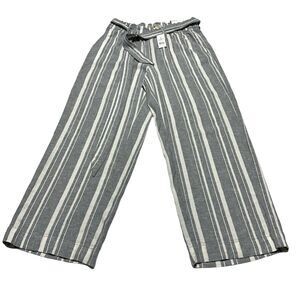 Loft Linen Blend Wide Leg Pants Belted Striped  Size XS Gray White Ankle NWT